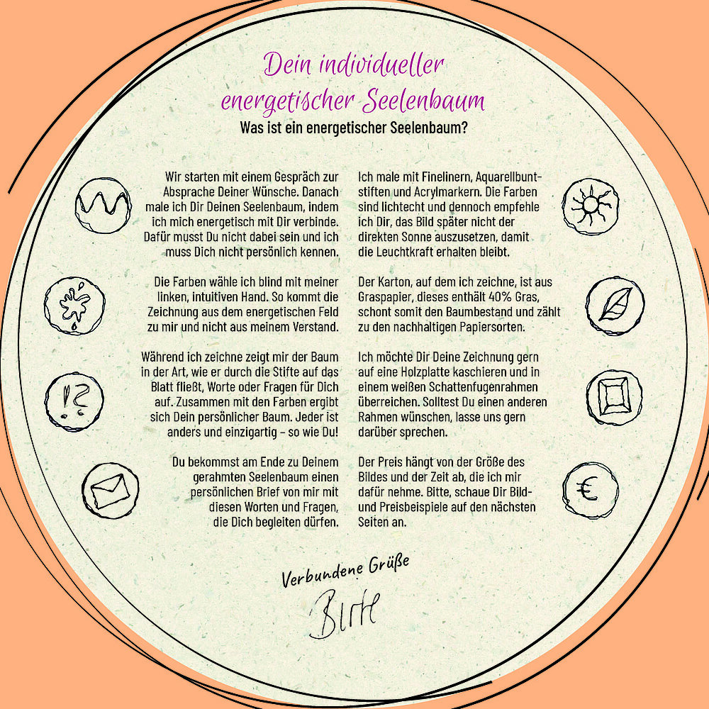 Erklärung was ein energetischer Seelenbaum ist, Machart, Materialangaben, Rahmung, Preise Im Textform wird erklärt, was ein energetischer Seelenbaum ist, welche Materialien zum Einsatz kommen und dass die Preise auf der nächsten Seite folgen.